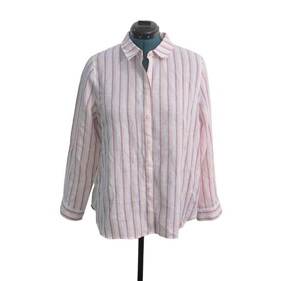 Chico's NO-IRON Linen Metallic Striped Roll-Tab Shirt Button Down Linen Size 2 - Picture 4 of 12